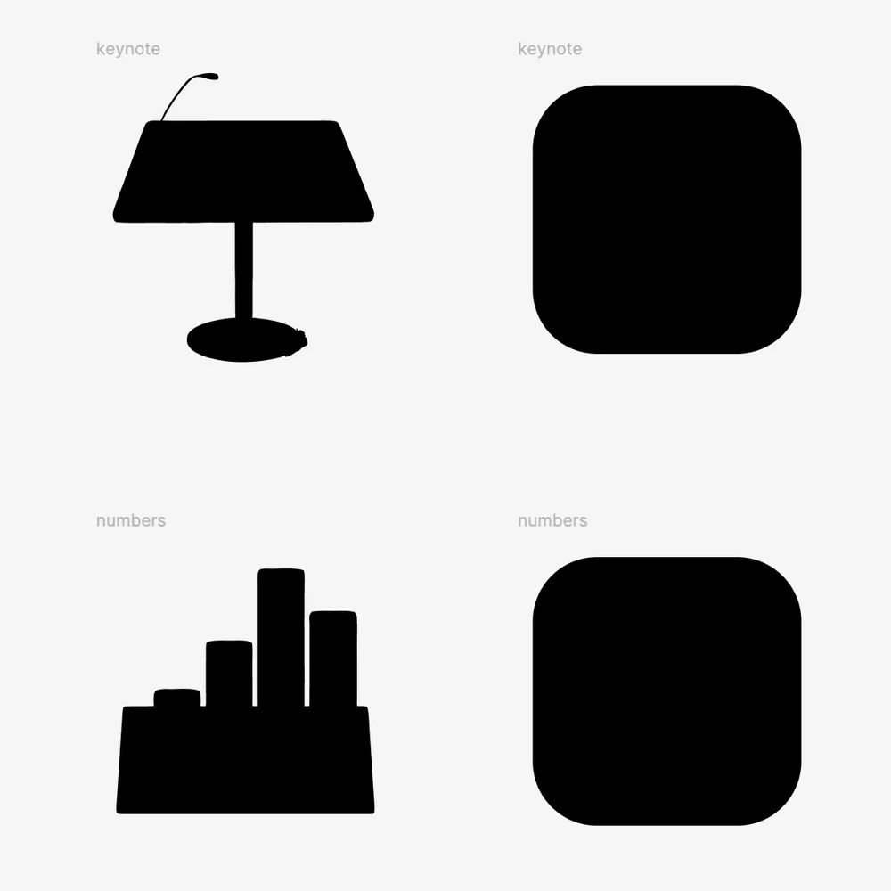 Four Apple app icons in black on a light gray background: the Keynote lectern logo and its squircle app icon, and the Numbers bar chart logo and its squircle app icon.