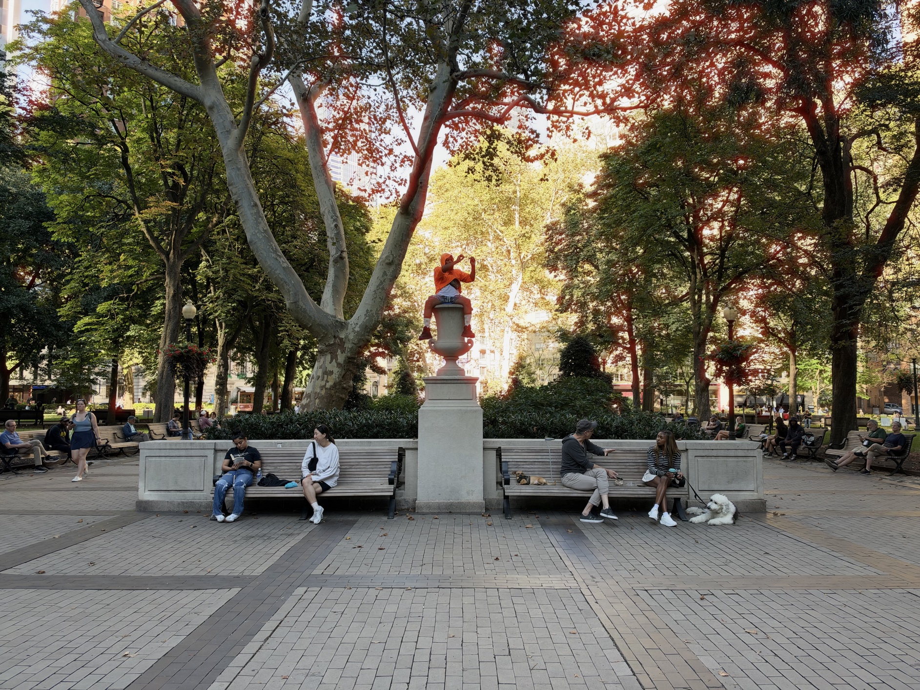 Afternoon in Rittenhouse Park, Philadelphia, on lovely late summer day. A man (himself taking photos or photo) sits high atop a planter between park benches.